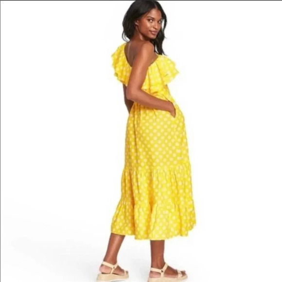 Lisa Marie Hernandez Linen Blend Polka Dot Ruffle Dress Yellow Size XS NWT - Picture 15 of 15